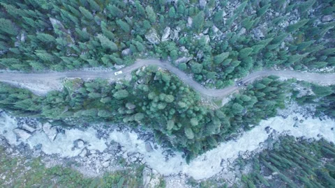 Top view of the river in the forest with a road Video stock 295787818