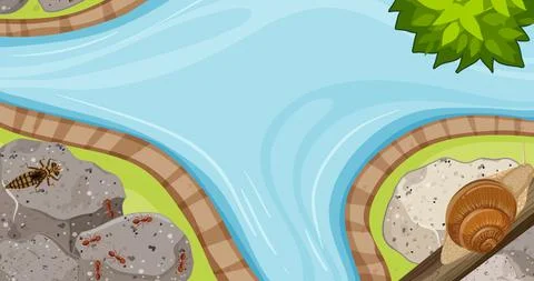 Top view of river garden scene with many insects Illustrazione stock