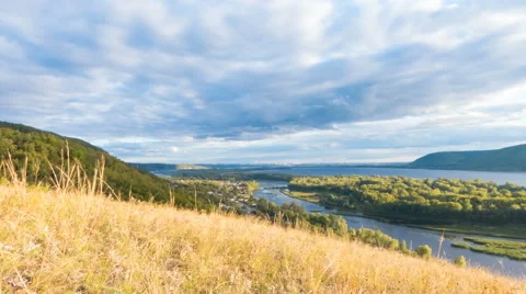 Top view of the river, islands and mountains on the horizon. The movement of Stock Footage 68672701