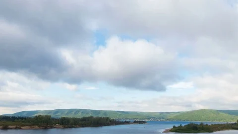 Top view of the river, islands and mountains on the horizon. The movement o.. Stock-Footage 73422119