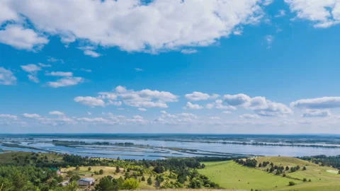 Top view of the river. Movement of clouds across the sky. Video stock 123747450