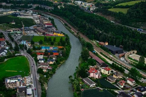 Top view of a river that passes through the city in Trentino Photos