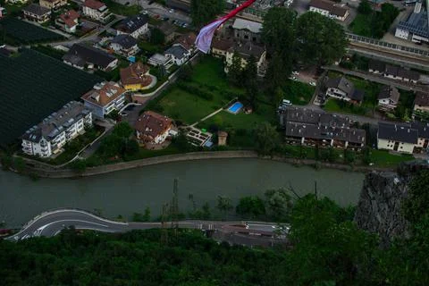 Top view of a river that passes through the city in Trentino 库存照片