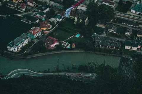 Top view of a river that passes through the city in Trentino Photos