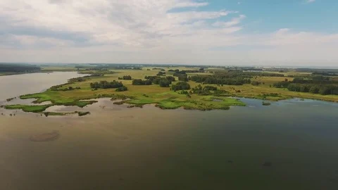 Top view of river, surrounded by trees, small island wirh green trees Stock Footage