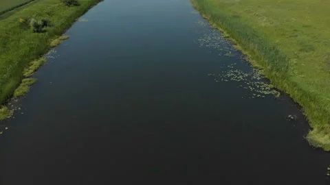 Top view of the river, surrounded by trees and meadows on its banks Stock Footage 111230154