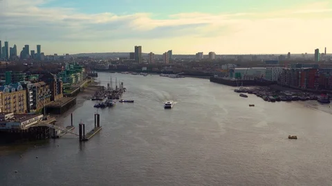 Top view of the River Thames from Tower Bridge. Boat sailing on the river, Stock Footage 126736347