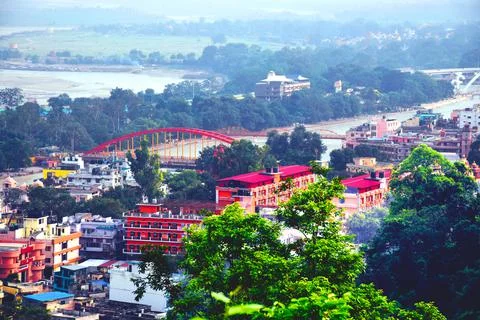 Top view, with river tree and same building in city Stock Photos