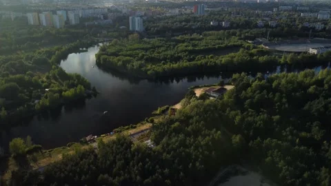 Top view of the river with turns of meanders and green forests in bright sunl Stock Footage 218705535