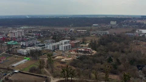 Top view of the road. Aerial view of the destroyed and burnt houses. Video stock 231404032
