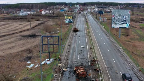 Top view of the road and the destroyed equipment of the Russian invaders. Stockbeeldmateriaal 195623519