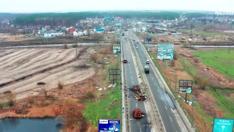 Top view of the road and the destroyed equipment of the Russian invaders. Stock Footage 217360868