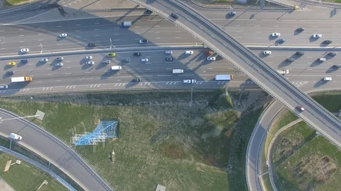 Top view of the road junction with slow moving cars Stock Footage 86372417