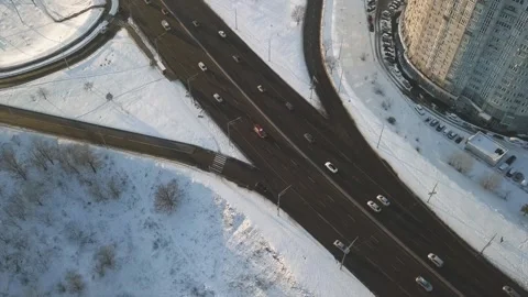 Top view of the road junction, winter sunny day. Stock Footage 166556024