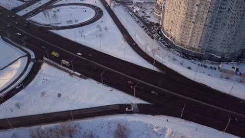 Top view of the road junction, winter sunny day. Stock Footage 211298410