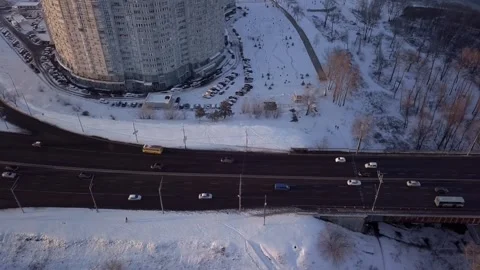 Top view of the road junction, winter sunny day. Stock Footage 213474275