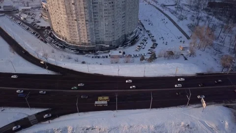 Top view of the road junction, winter sunny day. Stock Footage 216431748