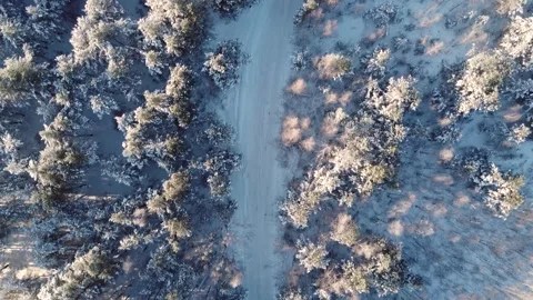 Top view of the road in the winter forest. A drone flies over a snowy road in Stock Footage 260375447