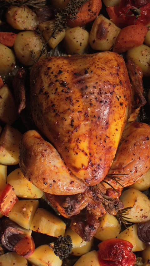 Top View Roast Chicken With Potatoes, Roasted Root Vegetables And Herbs Surround Stock Footage 330273594