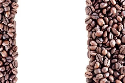 Top view with roasted coffee beans isolated on white table background area fo Foto stock