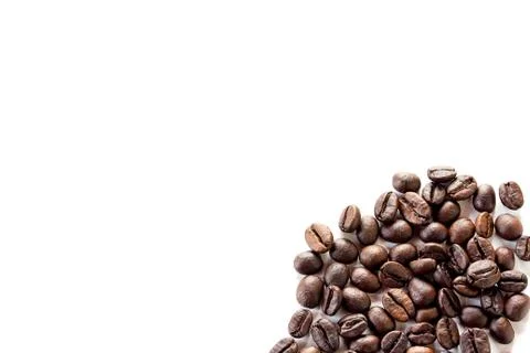 Top view with roasted coffee beans isolated on white table background Stock Photos