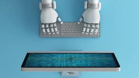 Top view of Robot hands using keyboard in front of a computer monitor with bi イラスト素材