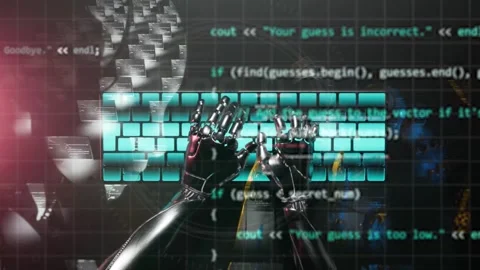 Top view of robot humanoid hands typping on holographic keyboard. High tech  Video stock 294846891