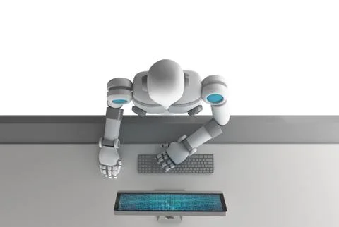 Top view of robot using a computer with binary data number code screen isolat Stock Illustration