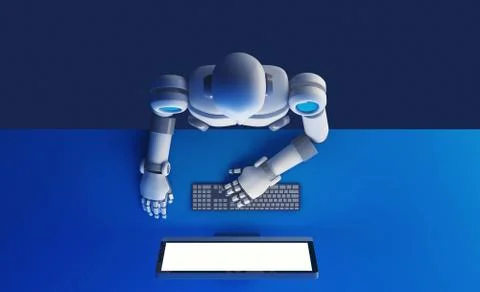 Top view of robot using a computer monitor with blank screen isolated on blue Stock Illustration