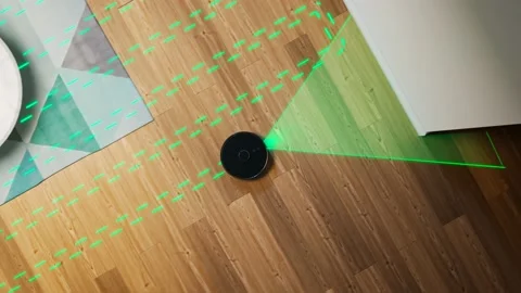 Top view of the robotic vacuum cleaner working. Smart home. Floor cleaning Video stock 201178178