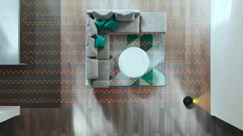 Top view of the robotic vacuum cleaner working. Smart home. Floor cleaning Video stock 234305259
