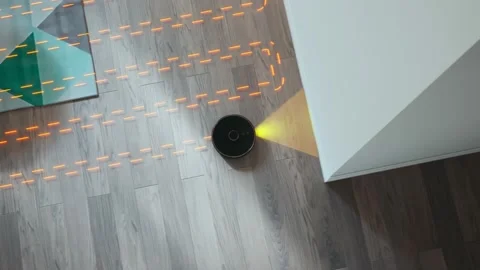 Top view of the robotic vacuum cleaner working. Smart home. Floor cleaning Video stock 234306270