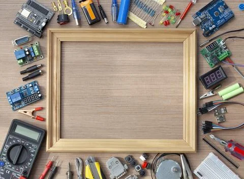 Top view of robotics and electronics concept, arduino in school. 写真素材