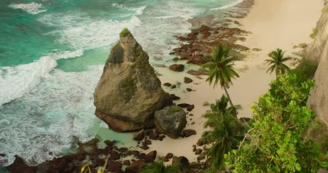 Top view of rock formation and palm trees on Diamond Beach in Nusa Penida Stock-Footage 337619578