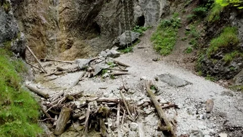 Top view of a rock with a waterfall and a ladder of a tourist route. Stock Footage 201064163