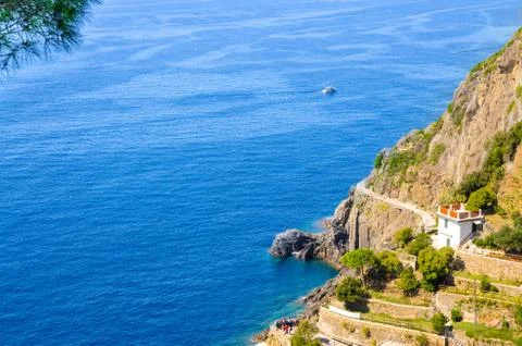 Top view of rocks and cliffs coastline of Riviera di Levante of National park Stock Photos