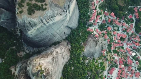 Top view of the rocks of Meteora and the city Stock Footage 239249537