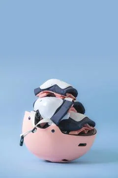 Top view of roller skates protective gear set - knee, elbow and wrist pads and Stock Photos