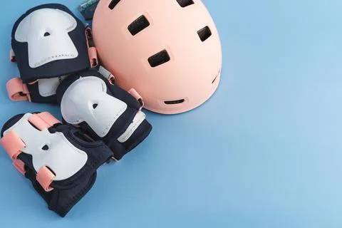 Top view of roller skates protective gear set - knee, elbow and wrist pads Stock Photos