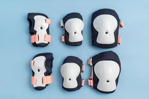 Top view of roller skates protective gear set - knee, elbow and wrist pads in Stock Photos