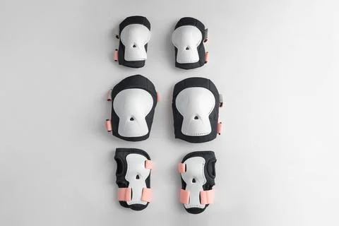Top view of roller skates protective gear set - knee, elbow and wrist pads in Stock Photos