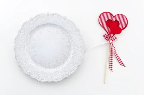 Top view romantic table setting dish with red heart for Valentines day Stock Photos