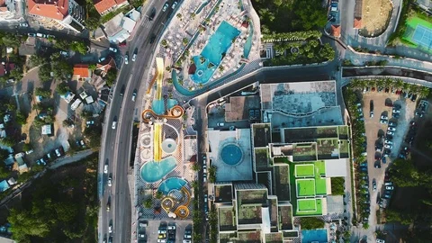 Top view of the roof of a hotel with a swimming pool Stock Footage