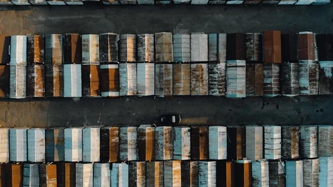 Top view on the roofs of old rusty garages. Garages have a different color. Stock Footage 121645147