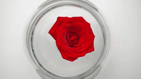 Top view of a rose on a stand. Red bud with drops of water or dew. Rose water Stock Footage 135278661