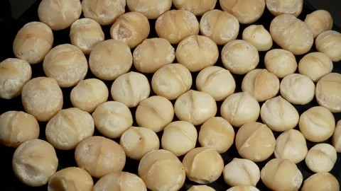 Top View Rotating Pattern of Premium Peeled Macadamia Kernels. 스톡 동영상 332836107