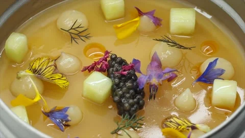 Top View Of Rotating TROUT MOUSSE WITH CAVIAR At A Michelin Starred Restaurant Stock Footage 136519478