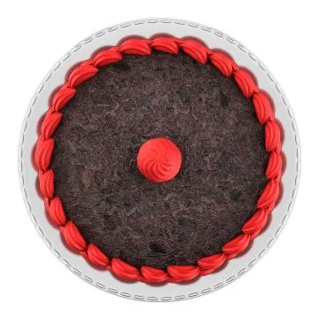 Top view of round chocolate cake with pink cream isolated on white background Illustrazione stock