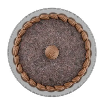Top view of round chocolate cake with cream isolated on white background Illustrazione stock