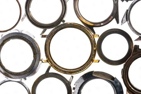 Top view of round silver cases from wristwatches. Empty metal dials from old 스톡 사진